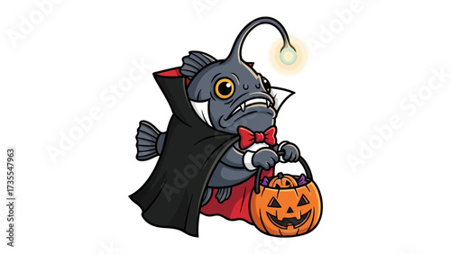 Halloween Anglerfish: A comical Anglerfish dressed in a Halloween costume, holding a pumpkin, against a backdrop of playful festivities. The image creates a sense of spooky joy.