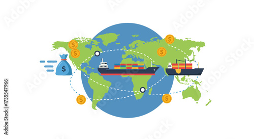 Global trade illustration cargo ships money bag and coins around a world map