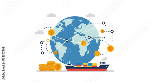 Globe with currency icons connected lines cargo ship  stacks of coins