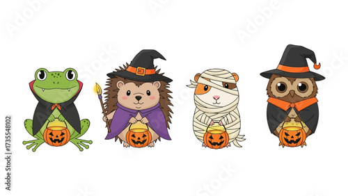 Halloween Creature Extravaganza: Adorable illustrated characters dressed in Halloween costumes. Featuring cute frog, hedgehog, guinea pig, and owl holding pumpkins.