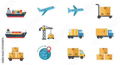Icons depict transport modes ships planes trucks cart crane globe boxes
