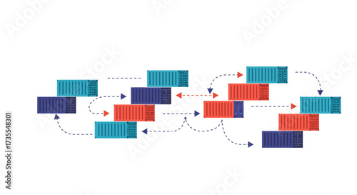 Interconnected shipping containers marked with arrows in a linear linked system