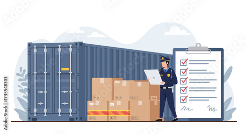 Inspector checks shipping container  boxes holding tablet in front of a clipboard