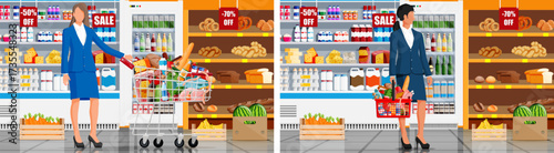 Woman shopping at supermarket with discount for food items. Retail store aisle with full cart and basket. Grocery shop interior concept.