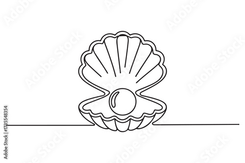 Continuous single line drawing of open pearl shell. Simple illustration of shell with pearl outline vector illustration. one line Icon drawing with white background