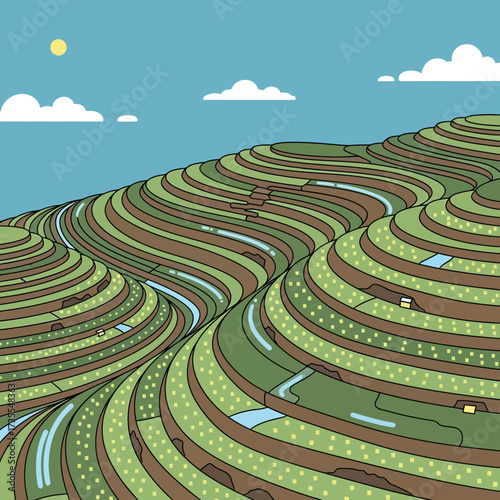 Rolling green hills with terraced fields under a blue sky.