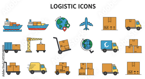 Many logistics icons are laid out against a white background with LOGISTIC ICONS written on top