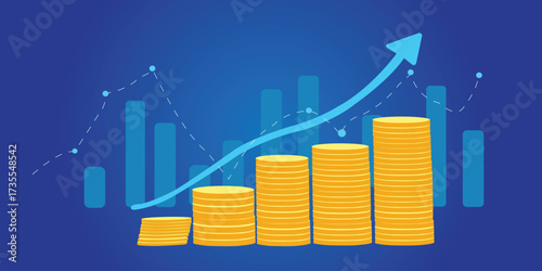Financial growth chart with stacked coins and glowing blue graph vector illustration