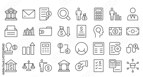 Set of line icons related to accounting, audit, and taxes. Outline icon collection. Business symbols.Income set. Containing money, tax, earnings, payment, paycheck, work, pension, and wages icons.