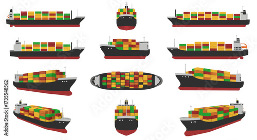Multiple cargo ship views show stacks of containers in various orientations on white