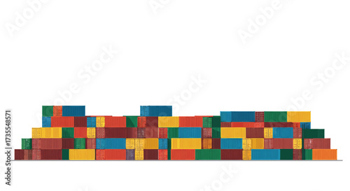 Multicolored shipping containers are stacked unevenly on a grey base against a blank white background