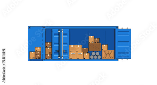 Open blue container with various packed items boxes crates and barrels inside