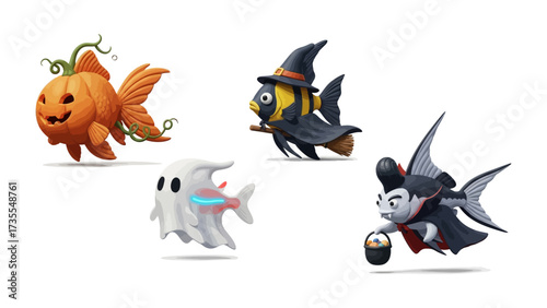 Spooky Aquarium: a Halloween-themed aquatic scene that's both enchanting and playful. featuring a whimsical, rendered with vivid colors and charming expressions.