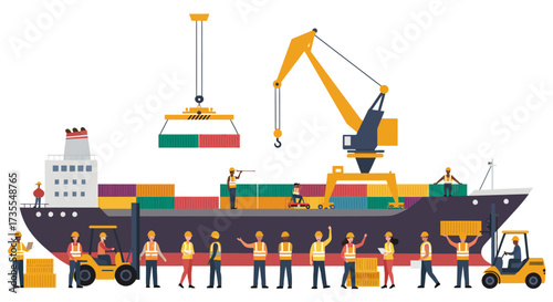 Ship being loaded with cargo containers by cranes forklifts and crew
