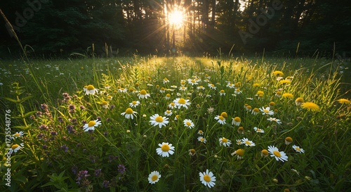 Sunlit meadow with wildflowers and trees capturing natural outdoor scenery