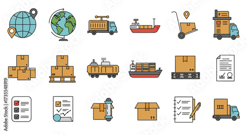 Shipping icons showing modes of transport and documents