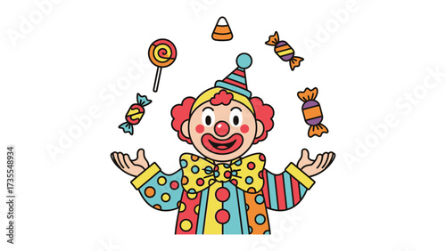 Joyful Juggler's Play: A colorful clown performs a delightful juggling act with candies and a lollipop, radiating a contagious joy in this whimsical illustration.