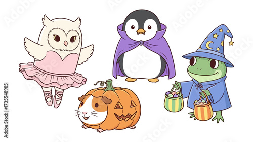 Whimsical Halloween Crew: Charming cartoon creatures dressed up for Halloween, including an owl, penguin, guinea pig and frog, bringing a festive atmosphere to the spooky holiday.