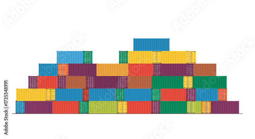 Stacked cargo containers in colorful arrangement against a white background