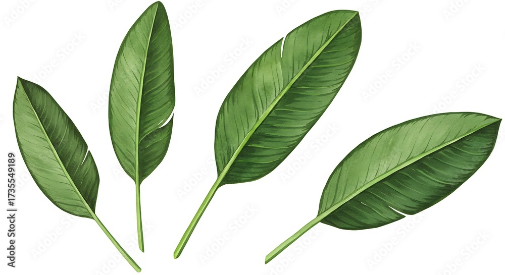 Fototapeta premium Watercolor illustration of green banana leaves isolated on a white background