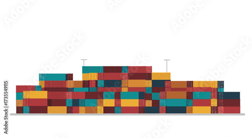 Stacked shipping containers multicolored under crane beams