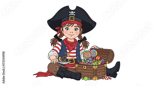 Young Pirate Treasure: A charming child embodies the spirit of adventure, seated beside a treasure chest overflowing with colorful candy. With a mischievous grin and pirate garb.