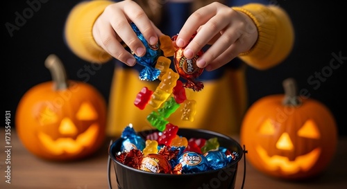 Hands add gummies  wrapped candies to a bucket with jackolanterns on a wood surface