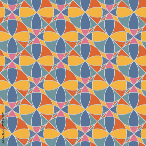 Vibrant retro geometric seamless pattern with colorful overlapping circular shapes, floral-inspired abstract design, perfect for modern home decor, textile prints, wallpapers, and creative digital bac