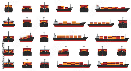 Twentyfour container ship illustrations in varied perspectives with colorful cargo