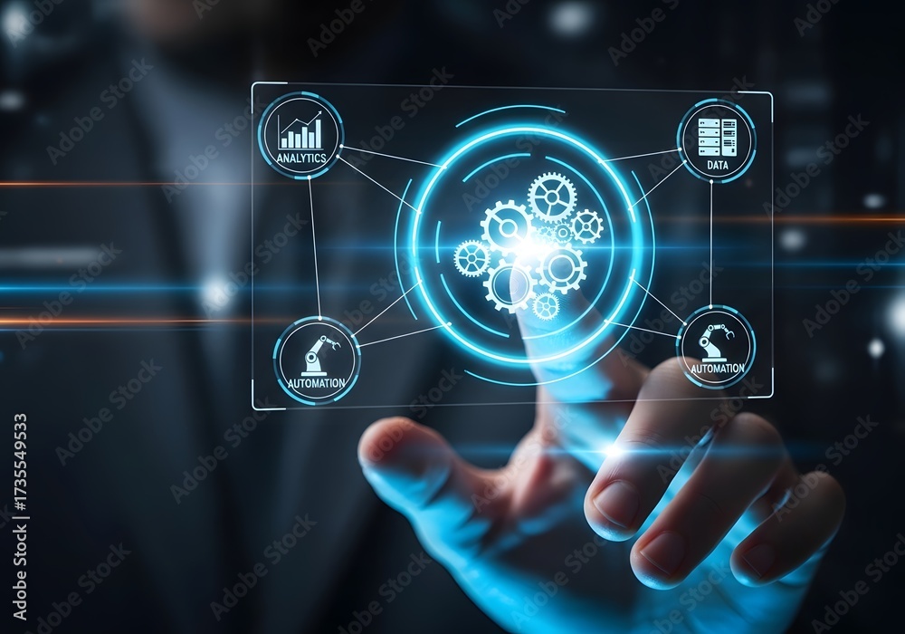 Fototapeta premium Futuristic interface with glowing gears and business icons activated by finger