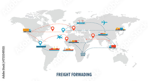 World map showcasing global freight forwarding with trucks ships and airplanes connected by dotted lines