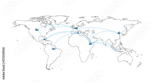 World map showing dashed lines of trade routes between industrial factories and cargo ships in several countries
