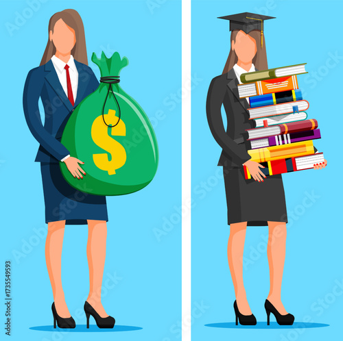 Woman choosing between money bag and pile of books. Career options in education versus financial pursuit. Life choice, knowledge concept.