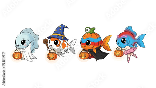 Halloween Fish Costume Party: Delightful depiction of aquatic creatures, dressed in whimsical costumes. Each character carries a jack-o'-lantern, conveying the celebratory spirit of the holiday. 