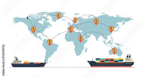 World map with connected currency markers cargo ships indicate global trade or shipping routes