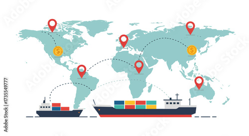 World map with shipping routes marked locations and transport vessels