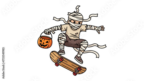 Spooky Skater: A youthful, costumed skateboarder, wrapped in mummy bandages, fearlessly catches air with a carved pumpkin pail for an imaginative Halloween adventure.