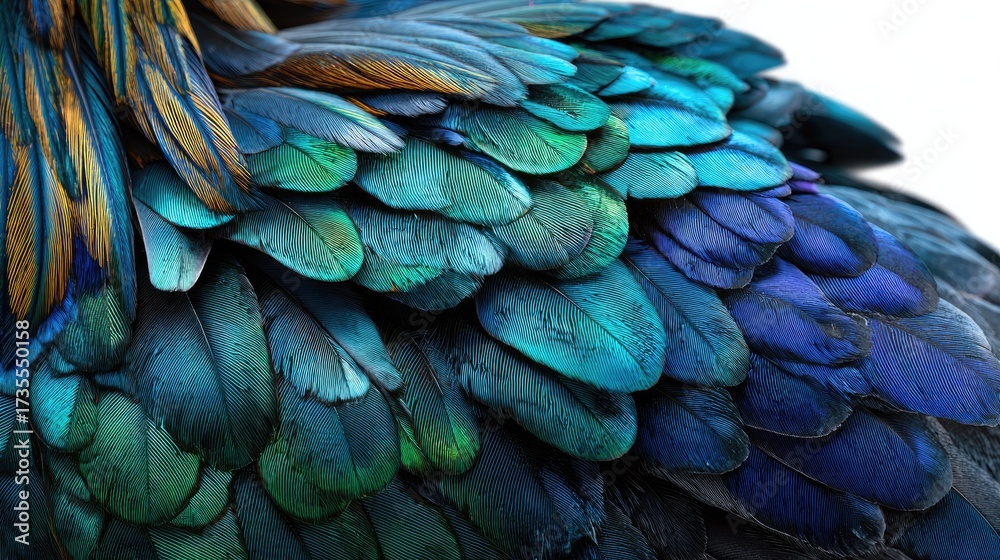Fototapeta premium Feather Texture: Close-up shot showcasing the mesmerizing iridescent hues of a bird's plumage, with each feather displaying intricate details and a captivating blend of blue, green, and turquoise.