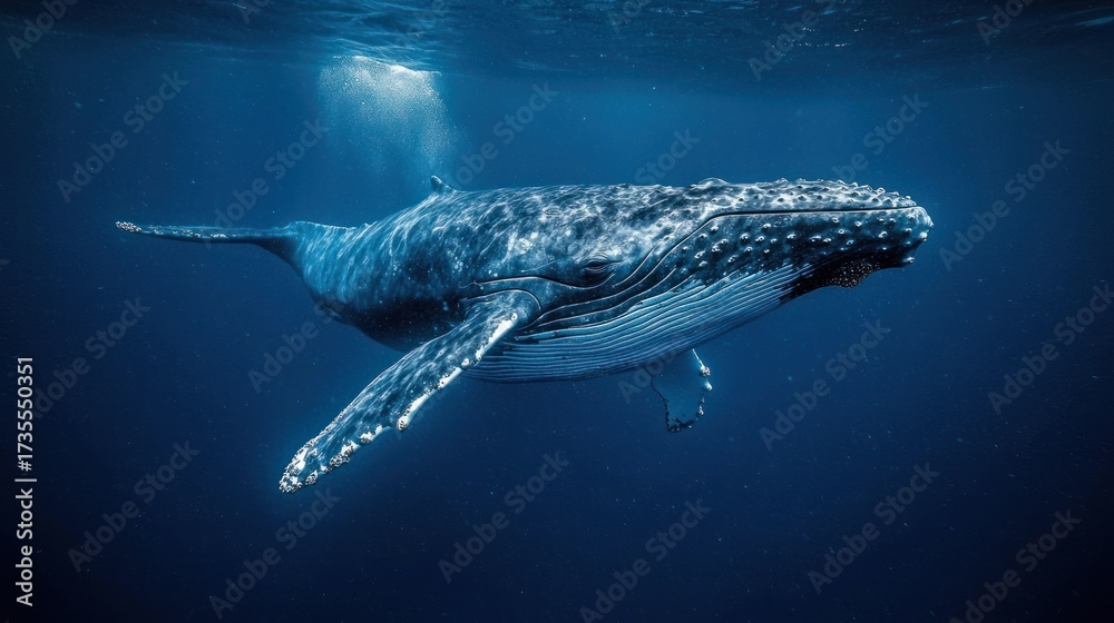 Naklejka premium Humpback whale swims in deep blue ocean, sunlight piercing the surface