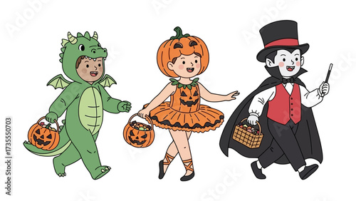 Trick-or-Treat Trio in Costumes: A charming trio of children, adorned in delightful Halloween costumes, gleefully embark on their trick-or-treating adventure.