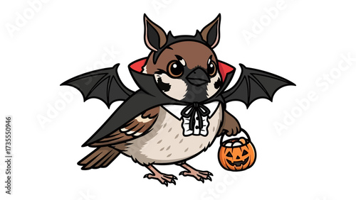 Halloween Sparrow's Costume: An adorable sparrow dons a spooky costume, perfectly embodying the spirit of Halloween, complete with miniature bat wings and a pumpkin basket.