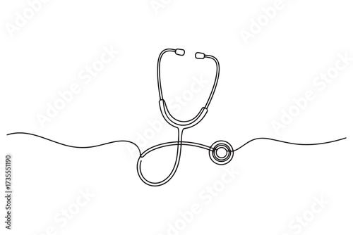 Medical tool - Stethoscope in simple outline illustration. Continuous line drawing of stethoscope. one line Icon drawing with white background