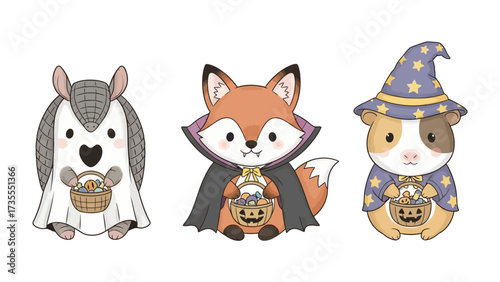Spooky Halloween Pals: A trio of charming, cartoonish animals, dressed up in delightful Halloween costumes. These include an armadillo, a fox, and a guinea pig. Perfect for festive fun!