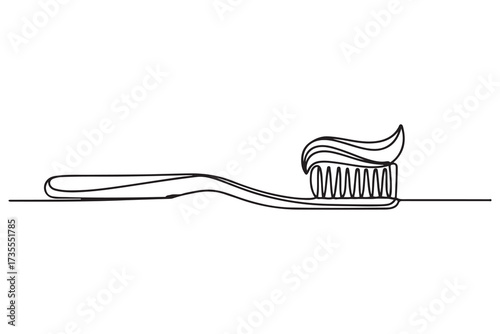 Toothbush with a paste in continuous one line art style. Dental care concept. Simple vector illustration. one line Icon drawing with white background