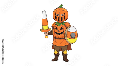 Halloween Pumpkin Knight: A whimsical illustration of a pumpkin-headed knight, armed with a candy corn sword and shield, ready for a festive adventure, embodying the spirit of Halloween.
