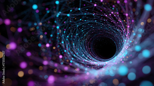 Stunning vibrant digital data tunnel with glowing particles creating an abstract network flow, perfect for futuristic tech backgrounds.