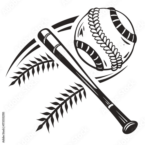 Black and white illustration of a baseball bat and ball with decorative laurel branches on a white background Keywords: baseball, baseball bat, baseball ball, sport, sports, game, athletics