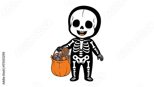 Spooky Treats: A cartoon skeleton, poised for Halloween festivities, clutches a vibrant orange candy bag filled with delectable sweets, all set against a plain backdrop.