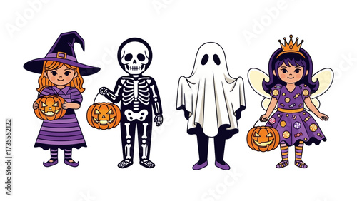 Enchanting Halloween Ensemble: A delightful depiction of a diverse group of young individuals in captivating Halloween costumes, including a bewitching witch, a spooky skeleton, an ethereal ghost.