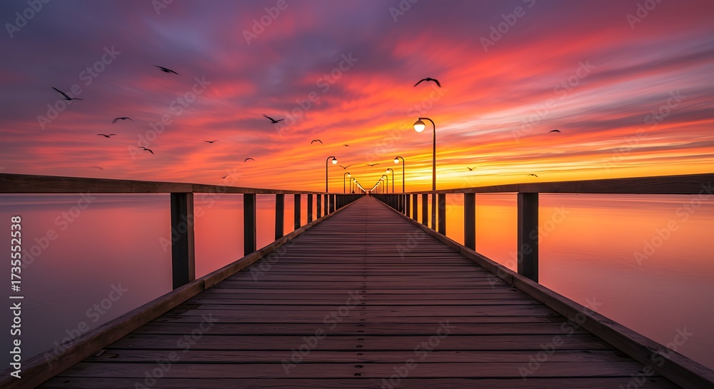 Fototapeta premium Wooden pier extends over calm water under vibrant sunset sky with birds